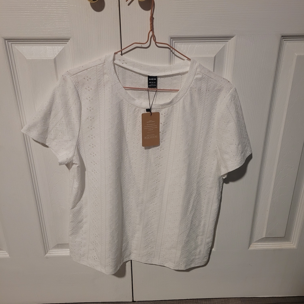 SHEIN White Eyelet Short Sleeve Tee